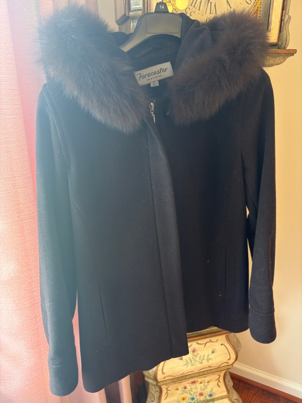 Black Wool Hooded Coat with Fur Trim